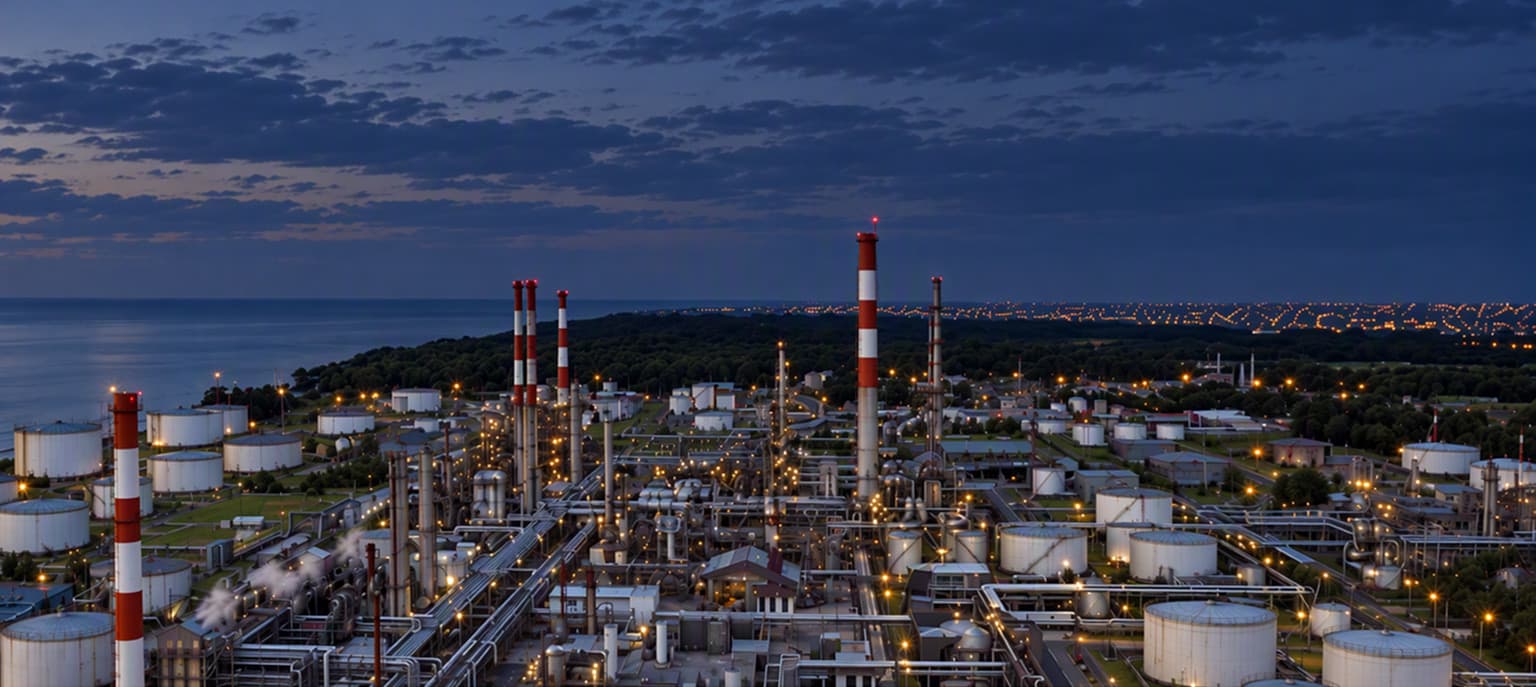 Vista aérea de la Refinería Buenos Aires al atardecer, con sus chimeneas, tanques y luces junto al río.
