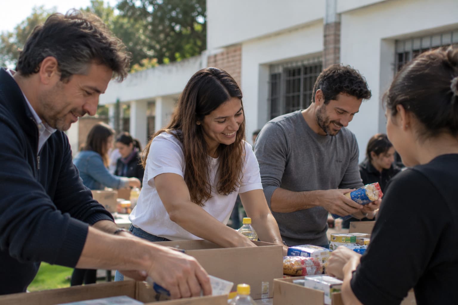 Voluntarios sonríen mientras arman cajas con alimentos en una jornada solidaria al aire libre.