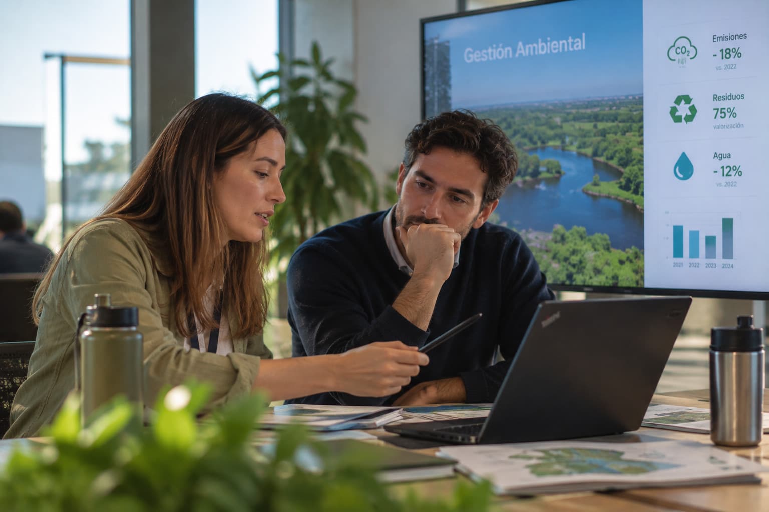 Dos personas revisan en una notebook los indicadores de gestión ambiental que muestra una pantalla.