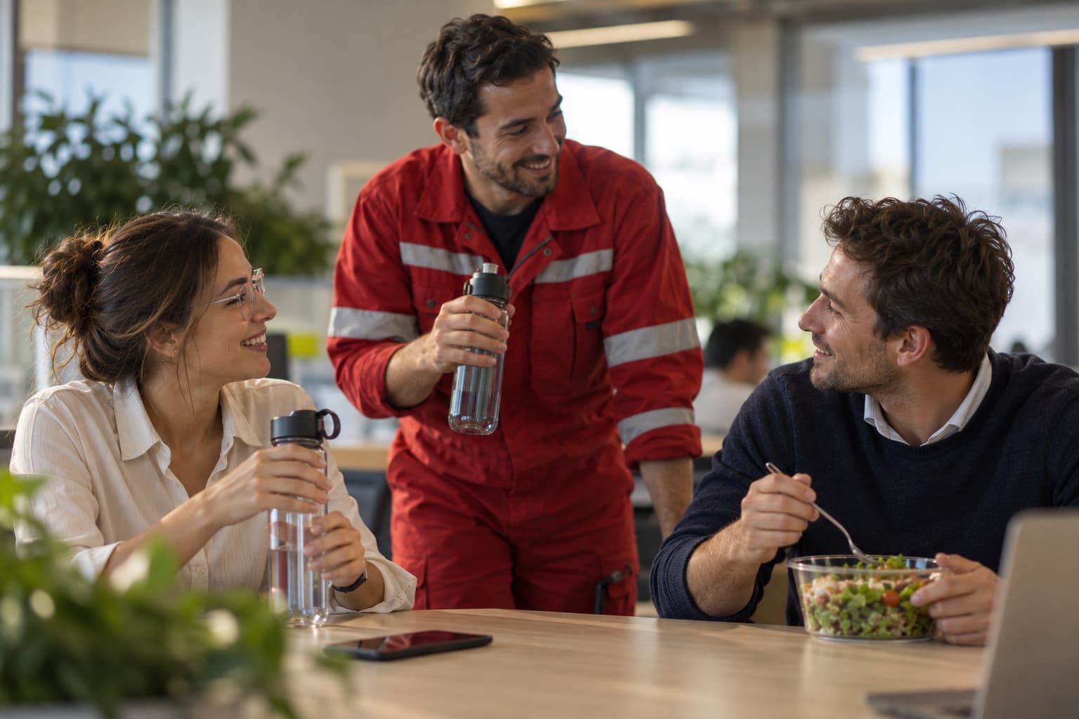 Tres personas conversan y sonríen en una mesa de la oficina, con botellas de agua y una ensalada.