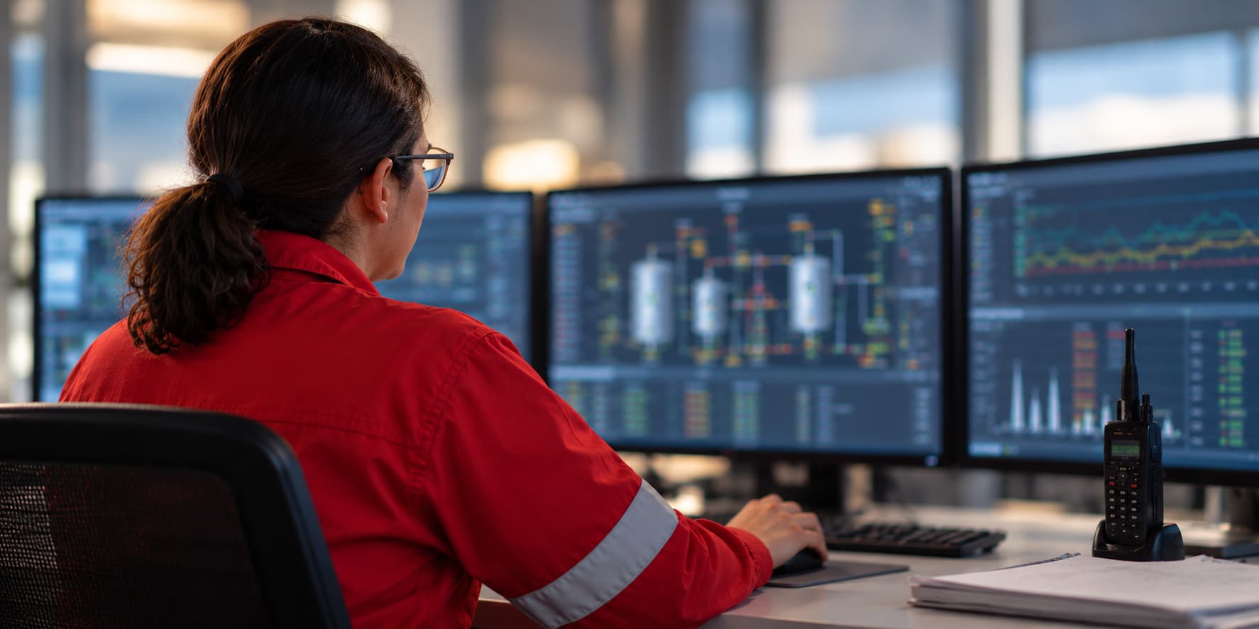 Una operaria con ropa de trabajo roja supervisa el proceso de una planta en los monitores de una sala de control.
