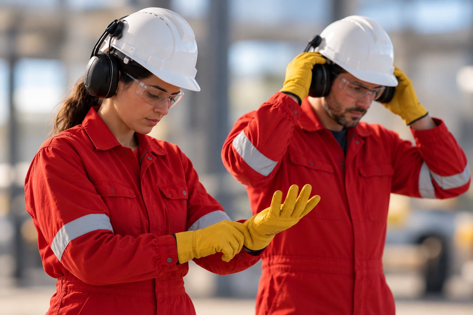 Una operaria y un operario con mameluco rojo, casco y lentes de seguridad se ponen guantes y protectores auditivos.